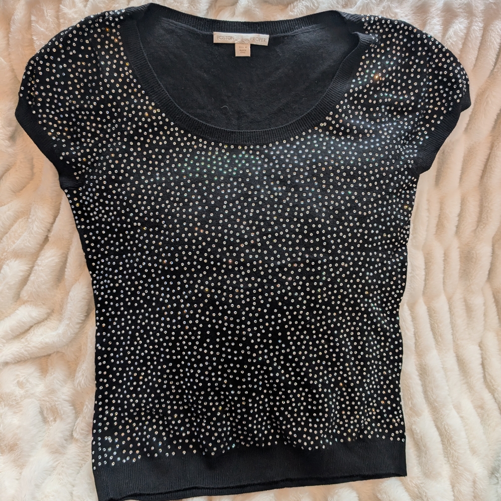 Boston Proper Black and Silver Fitted Embellished Blouse